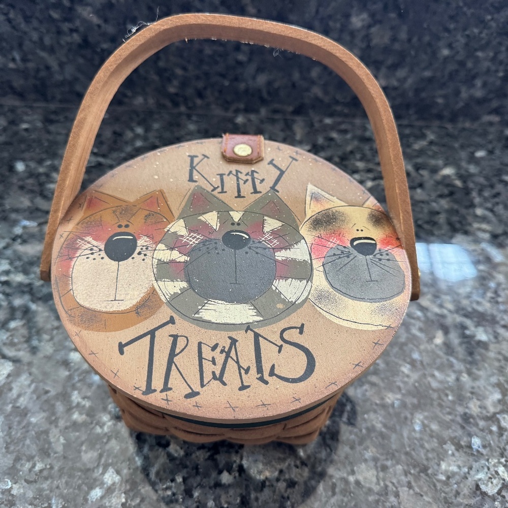 Kitty Treats handpainted cat treat wood & woven basket 3 cats paw prints handle